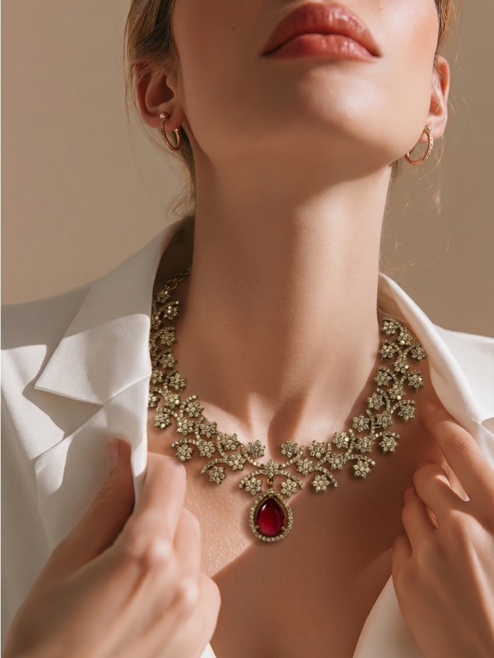 Lux Floral Gold-Tone Necklace with Ruby color Red Teardrop Pendant